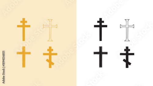 Big collection of Christian religious crosses. Set of orthodox, catholic and Lutheran symbols of Jesus. Georgian, greek Scandinavian. Hand drawn engraving silhouettes