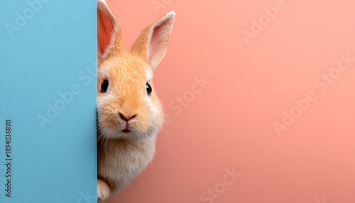 Cute fluffy brown bunny rabbit peeking out with copy space.