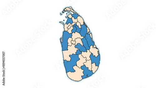 Sri Lanka Map Outline Districts Highlighted Blue and Beige Vector Graphic Template for Presentation and Information Design