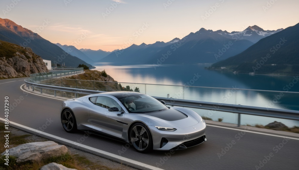 Naklejka premium Silver modern sports car driving on a scenic road along a lake surrounded by mountains at sunset. Luxury travel and high-performance vehicle concept.