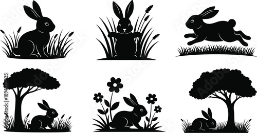 Easter sunday silhouette illustrations of rabbits and floral scenery for holiday decorations and greeting cards