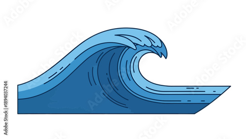 Stylized Blue Wave Vector Illustration, Dynamic Ocean Swell Graphic, Surfing and Beach Concept Design, Isolated on White Background