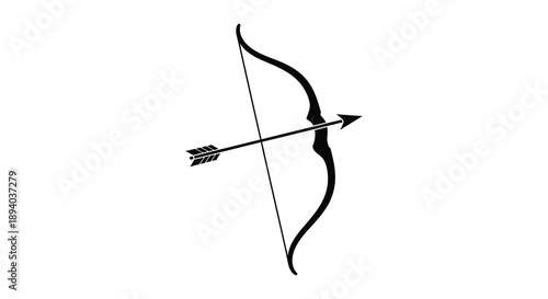 A striking image depicts a classic recurve bow with an arrow nocked presented as a bold silhouette high quality professional