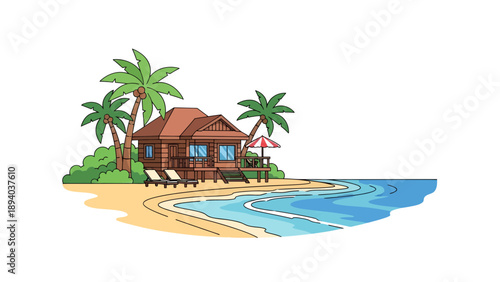Tropical Beach Bungalow Vector Illustration with Palm Trees and Ocean Waves, Ideal for Travel and Vacation Design Mockups