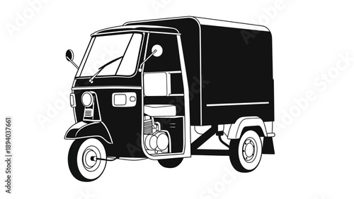 Tuk Tuk Delivery Vehicle Vector Illustration, Black and White Graphic Style, Transportation and Logistics Concept