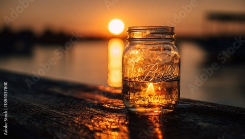 Glass jar with candle flame reflects sunset glow on wooden railing. Serene, warm light