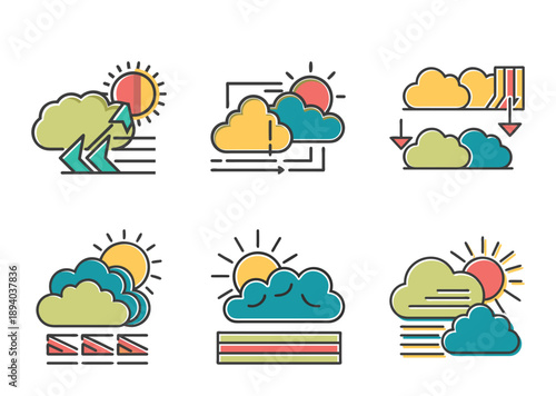 Collection of colorful weather icons featuring the sun, clouds, and atmospheric patterns