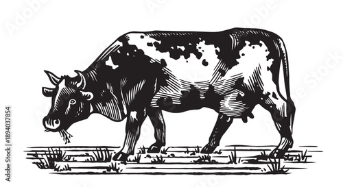 Hand drawn engraving of a holstein cow feeding in the grass standing in profile on a pasture. Milk and cheese cow breed for your farm and natural products