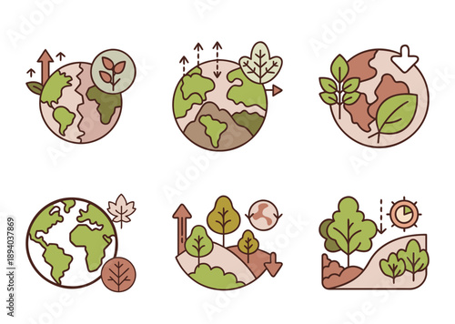 Environmental Icon Collection Representing Climate Change and Sustainability Concepts with Earth and Trees