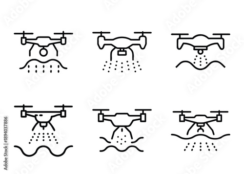 Illustrations of drones applying various liquids to different terrains or bodies of water