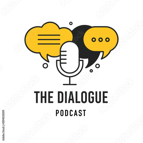 Microphone and speech bubbled logo. Dialogue podcast open mic concept design.