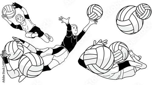 Volleyball Goalkeeper Diving and Catching Ball, Dynamic Action Poses, Vector Illustration for Sports Graphics and Website Design