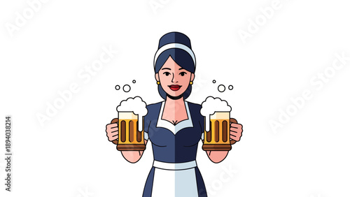 Waitress Holding Two Beer Mugs Vector Illustration Oktoberfest Festival Celebration Graphic Template