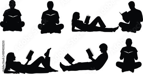 Silhouette set of diverse people reading books in various poses including sitting cross legged and lying down for relaxation and education