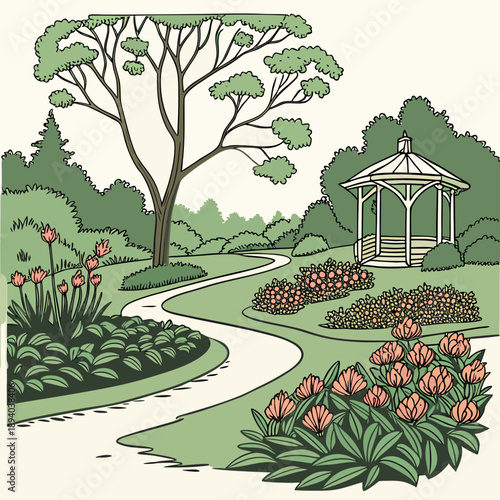 Serene garden pathway with gazebo