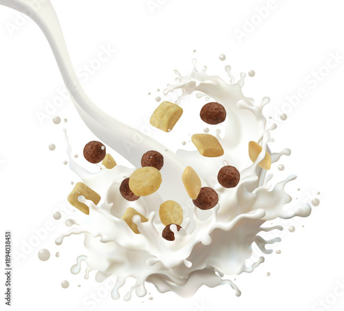 Delicious breakfast cereal balls and wheat squares falling into fresh milk splash isolated background dairy product and food advertisement morning healthy meal concept for packaging