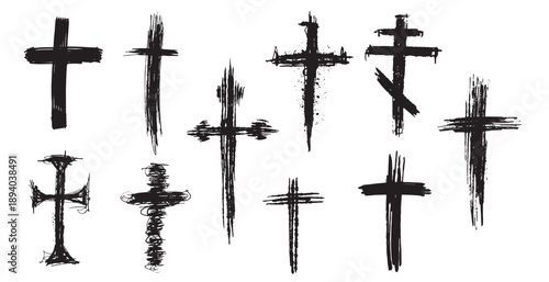 Christian cross grunge symbol hand brush painted. Crucifix catholic and orthodox. Jesus sign for church or religion events