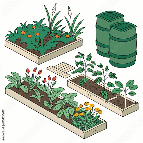 Urban gardening setup with vegetables and herbs