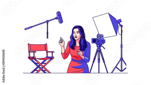 Young Woman Filmmaker Directing Scene with Vintage Camera, Microphone, and Director's Chair - Vector Illustration for Media Production