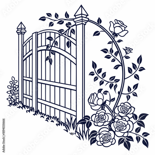 Elegant garden gate with climbing roses