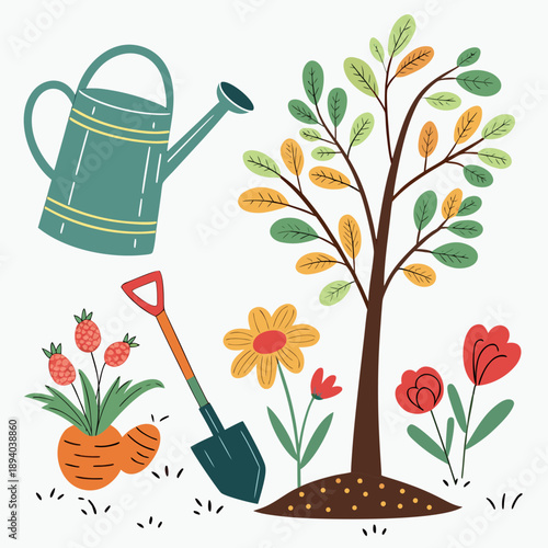 Gardening essentials and blooming flowers