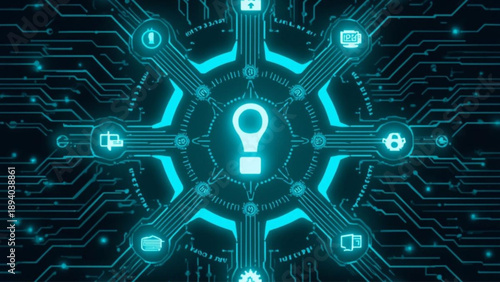 Glowing blue circuit board with lightbulb icon and various app symbols