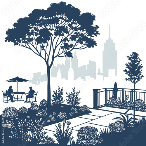 Urban oasis with city skyline