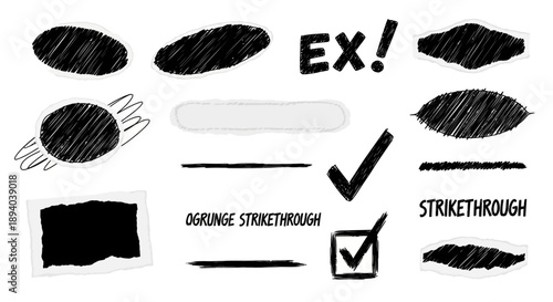 Hand drawn scribbles shapes and text elements on a white background