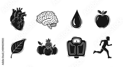 Icons representing health heart brain fitness nutrition and well being