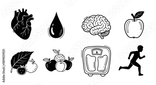 Icons representing health heart brain water fruit exercise and more