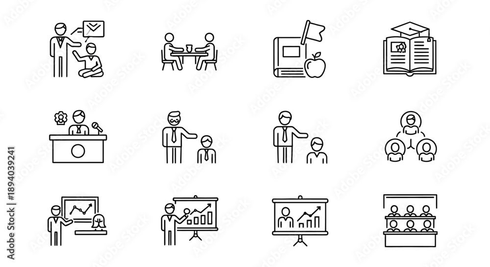 Fototapeta premium Line art icons representing various aspects of education and learning