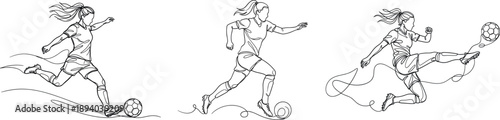 Vector illustration set of a female soccer player in action. Minimalist continuous line art composition featuring shooting, dribbling, and kicking. Dynamic sports banner design