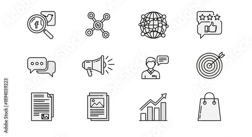 Collection of line art icons representing business marketing and data analysis
