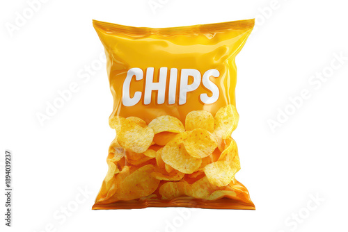Glossy potato chips snack bag packaging with simple readable CHIPS branding, slight pouch crinkles and clean centered product styling with soft shadow, isolated on transparent background.