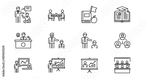 Line art icons representing various aspects of education and learning