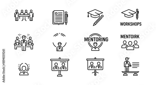 Line art icons representing education workshops mentoring and learning