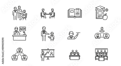Education icons depicting teachers students and learning environments
