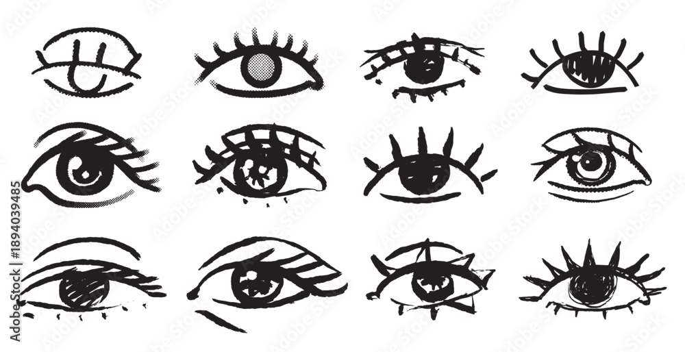 Obraz premium Beautiful collection of grunge women eyes for cosmetics, perfume and beauty designs. Feminism. Skin and face care elements. Brush made cute simple and colourful eyes.