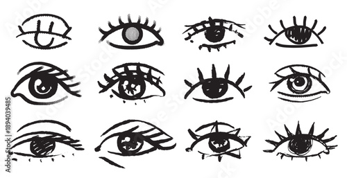 Beautiful collection of grunge women eyes for cosmetics, perfume and beauty designs. Feminism. Skin and face care elements. Brush made cute simple and colourful eyes.