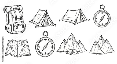 Camping equipment illustration including a backpack tents and navigation tools