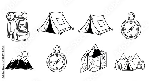 Camping equipment icons backpack tent compass mountains and map