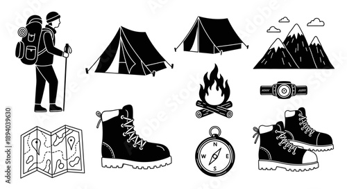 Camping and hiking equipment including a hiker tent and mountainous landscape