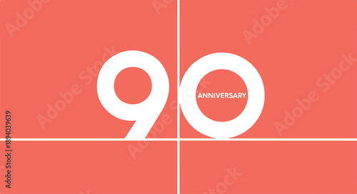 A large white 90 anniversary logo on a salmon-colored background with four squares