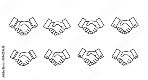 A series of line art handshakes representing agreement and partnership
