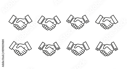 Eight line art illustrations depicting a handshake agreement