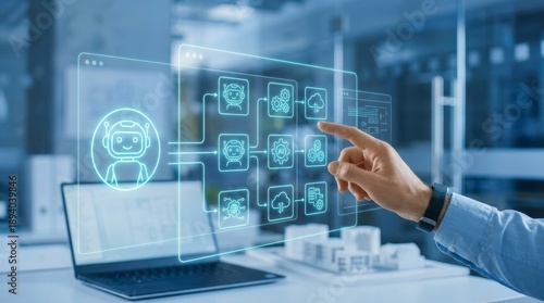 Hand Interacting with Futuristic Screen Displaying AI Technology Concepts