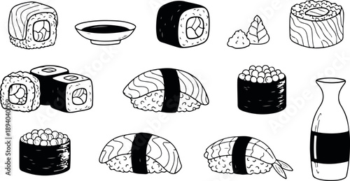 A collection of various sushi rolls and maki on a plain white background with a bottle of sake