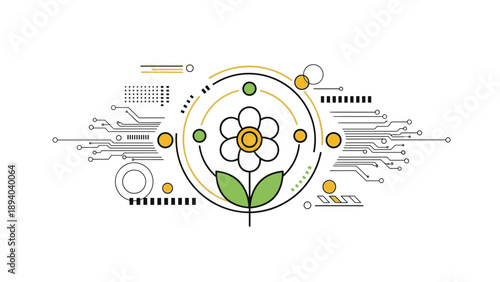 Futuristic and technological flower design combines organic floral shapes with geometric lines and circuit board patterns.