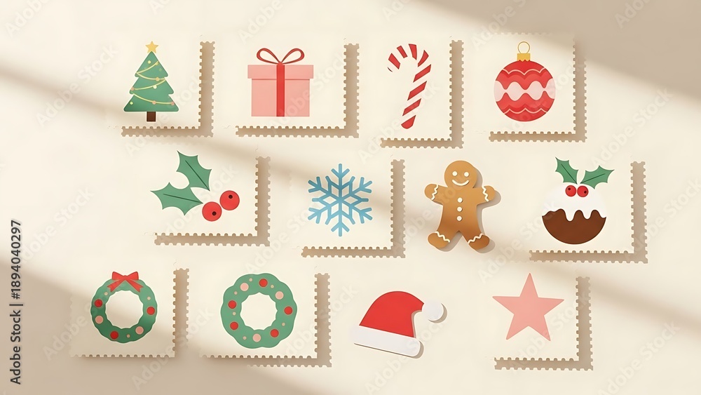 Obraz premium Festive illustrations, various decorative elements on stylized postage stamps, light background