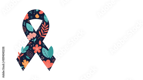 Awareness ribbon is filled with a vibrant floral pattern containing pink flowers and green leaves to represent hope and support.